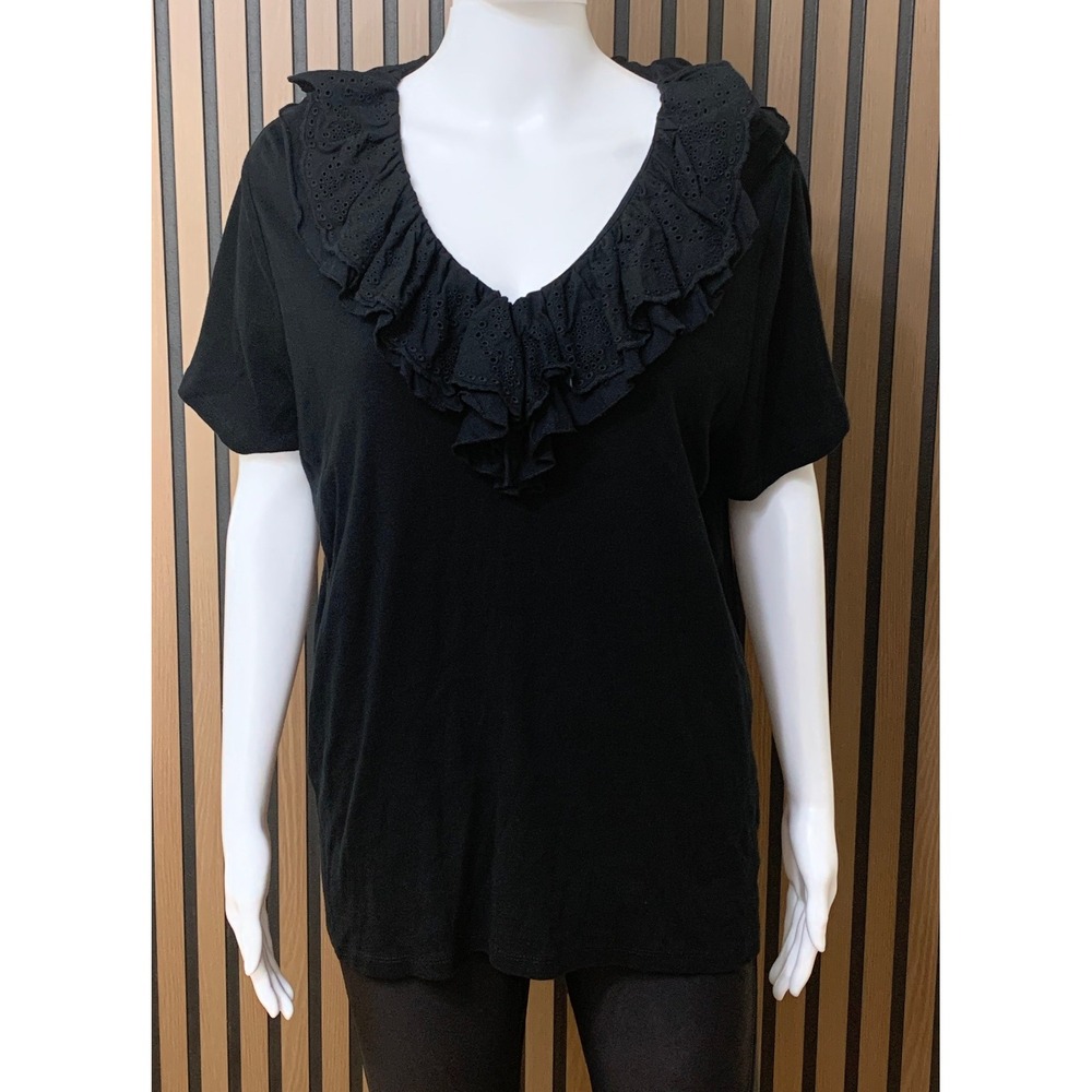 Lauren Ralph Lauren Women's 2X Black Ruffle V-Neck Cotton Top Short Sleeve